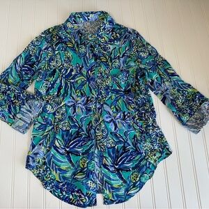 Lilly Pulitzer Sea View Rayon Voile Shirt Bright Navy Pineapple Party XS 1382